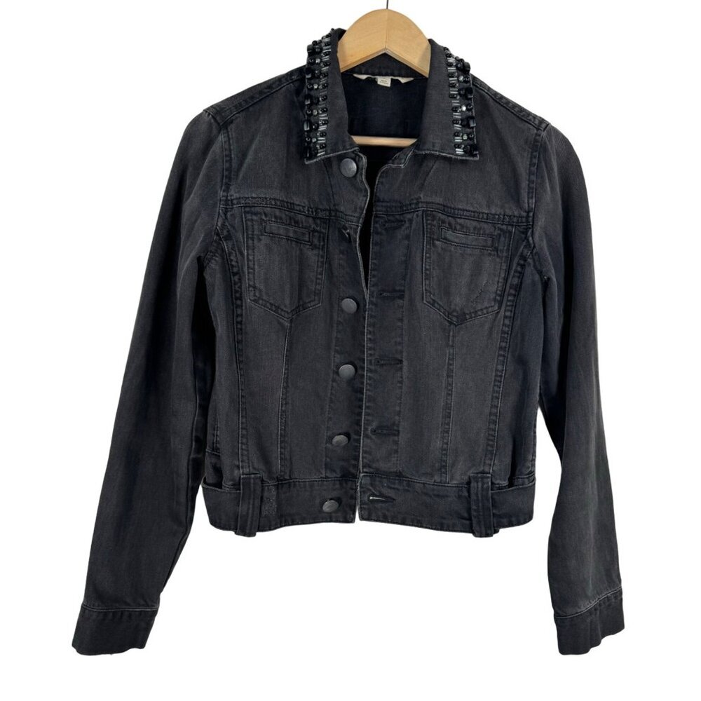 CAbi Jeans Denim Cropped Jacket Womens Small Black‎ Cotton Cropped Beaded Collar